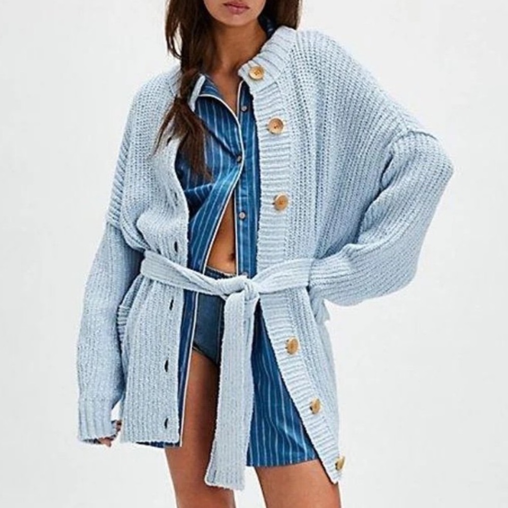 Free People Brooklyn Belted Cardi, XL Ballard Blue NWOT